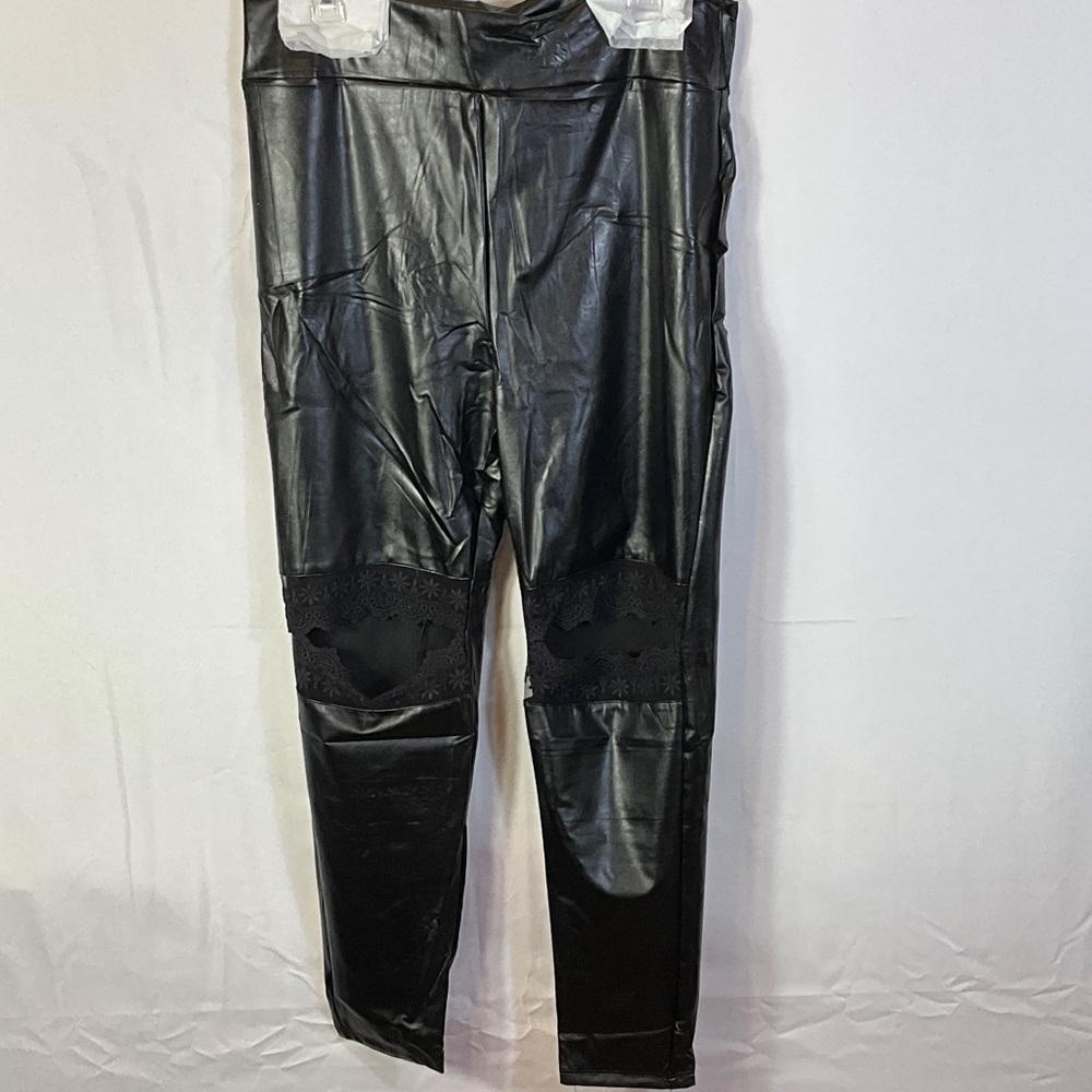 Hayden 1XL Black Sheer Lace Cut Out Open Knee Faux Leather High Waist Leggings